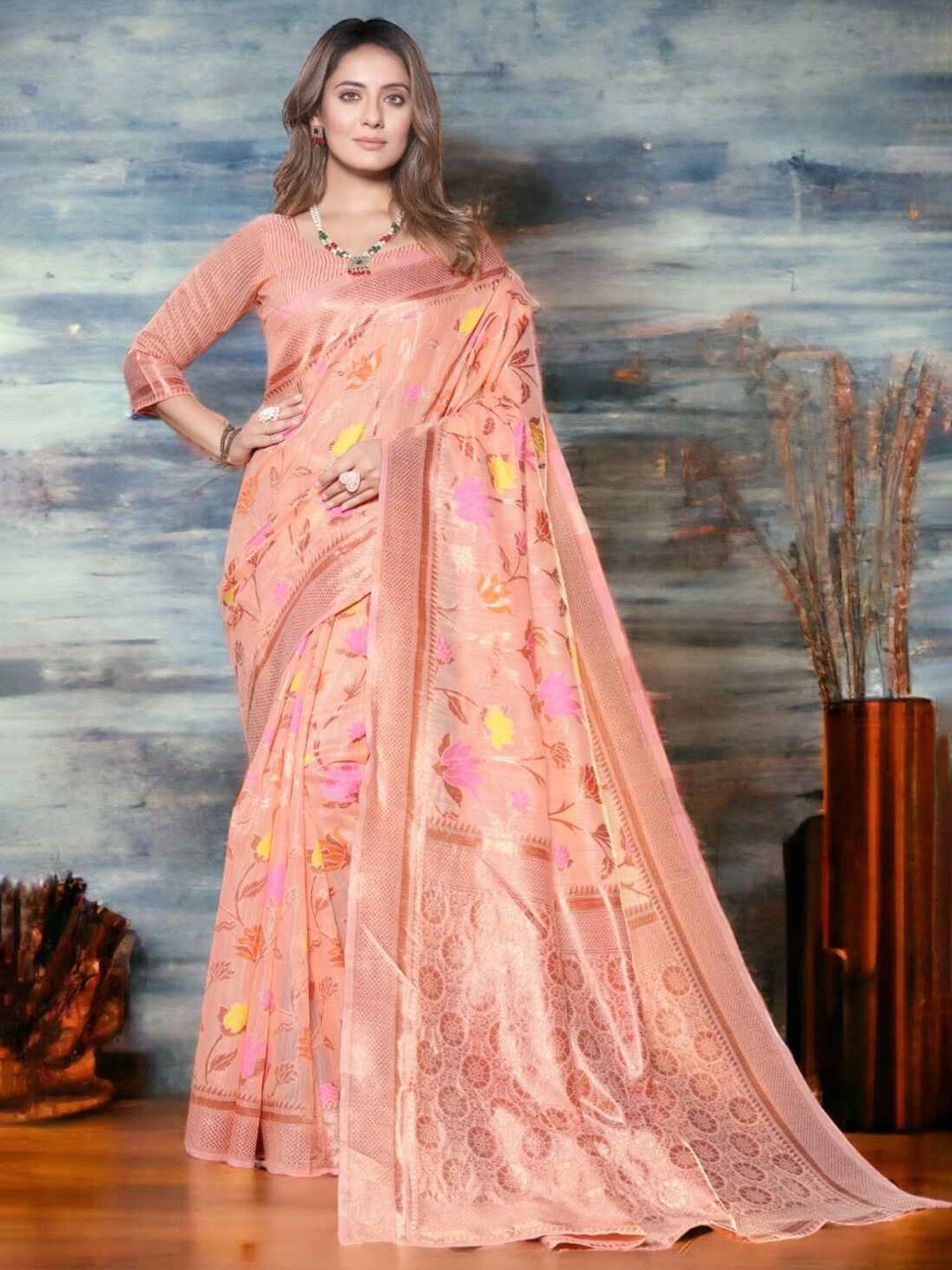 

MORLY Floral Woven Design Kanjeevaram Zari Saree, Orange