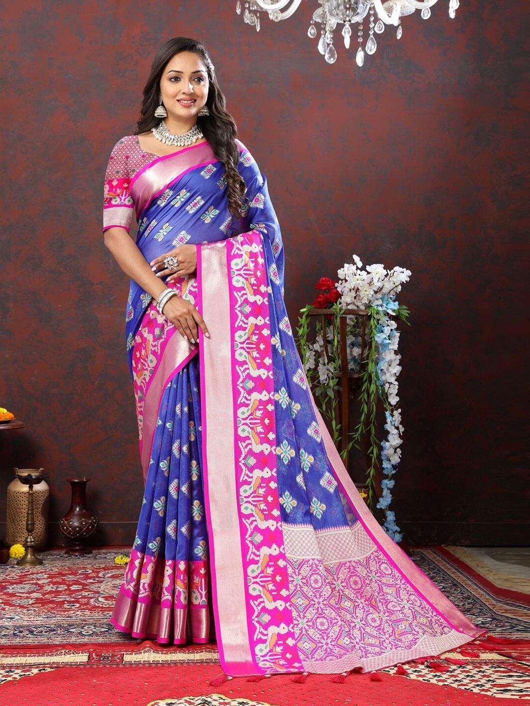 

faxofab Ethnic Motifs Woven Design Zari Organza Banarasi Saree, Blue