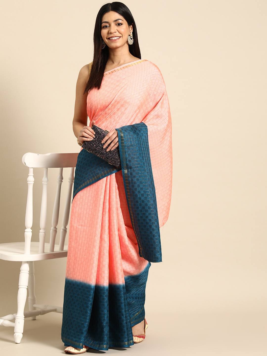 

HERE&NOW Colourblocked Lycra Saree, Peach