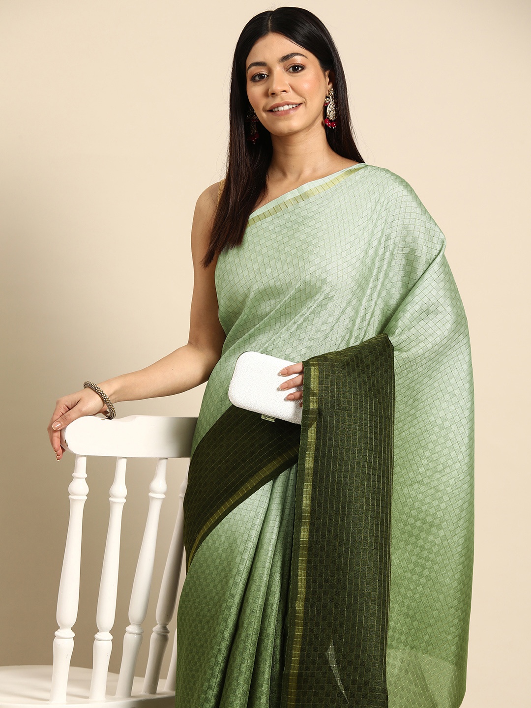 

HERE&NOW Checked Ombre Saree, Green