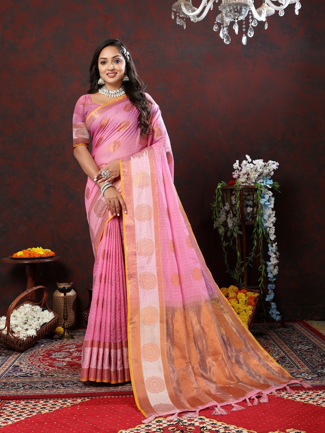 

faxofab Woven Design Zari Silk Cotton Banarasi Saree, Pink