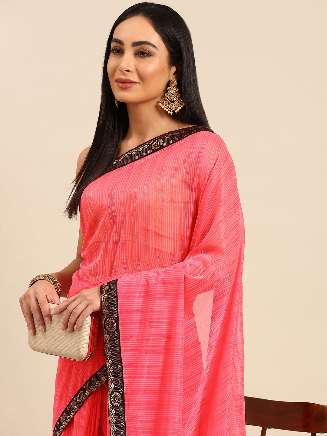 

HERE&NOW Striped Zari Saree, Pink