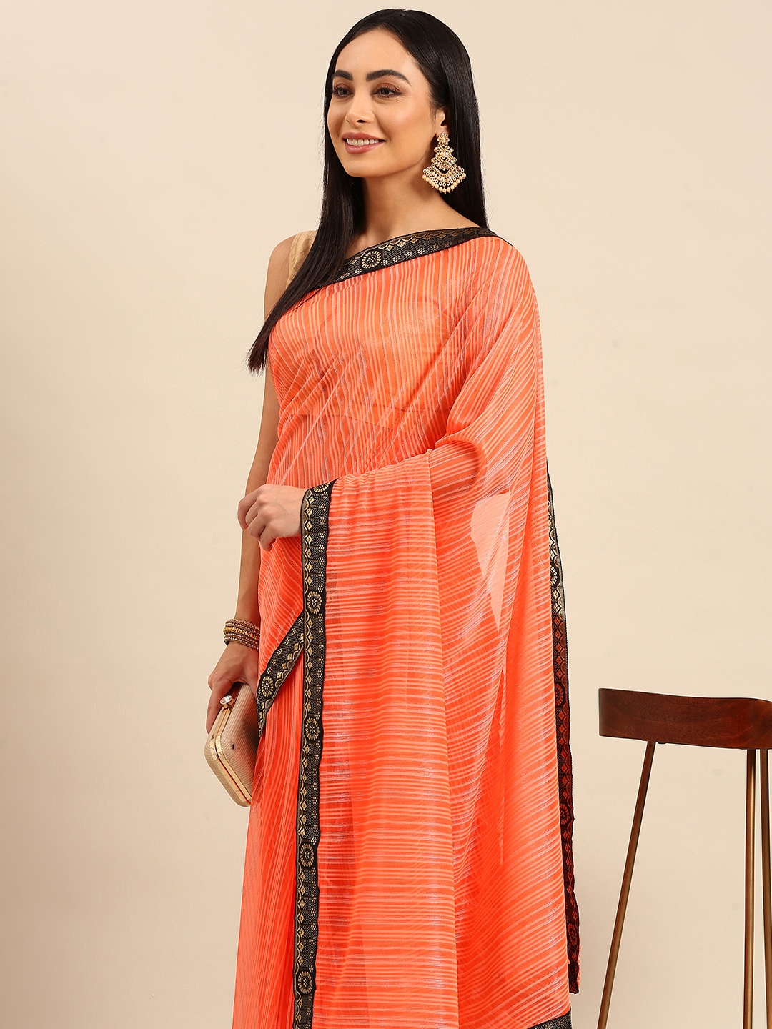 

HERE&NOW Striped Zari Saree, Orange