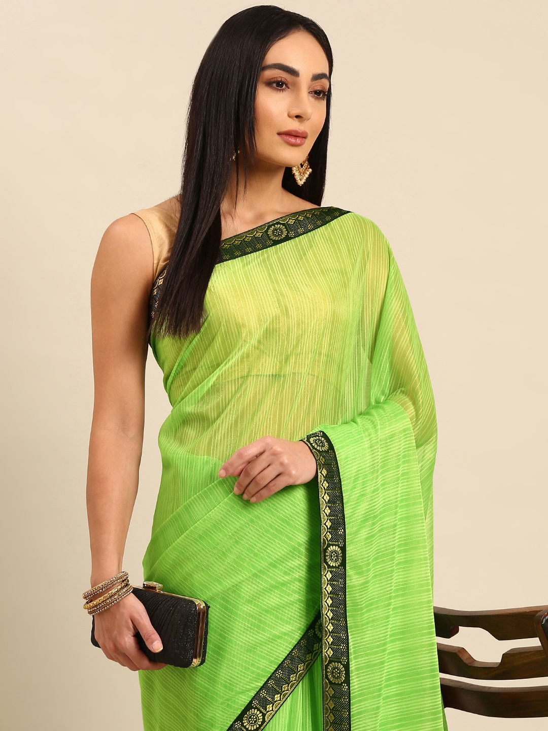 

HERE&NOW Striped Zari Saree, Green