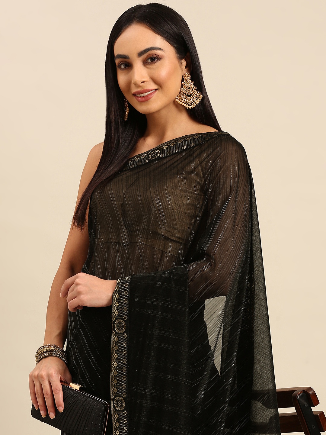 

HERE&NOW Striped Zari Saree, Black