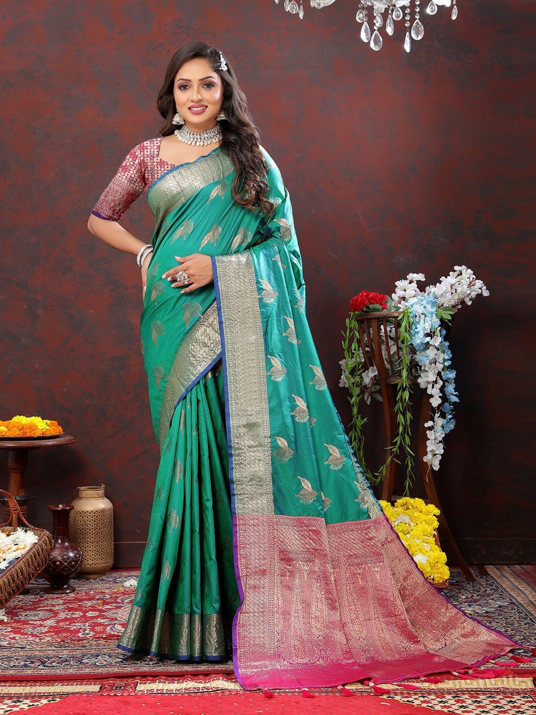 

faxofab Ethnic Motifs Woven Design Zari Banarasi Saree, Teal