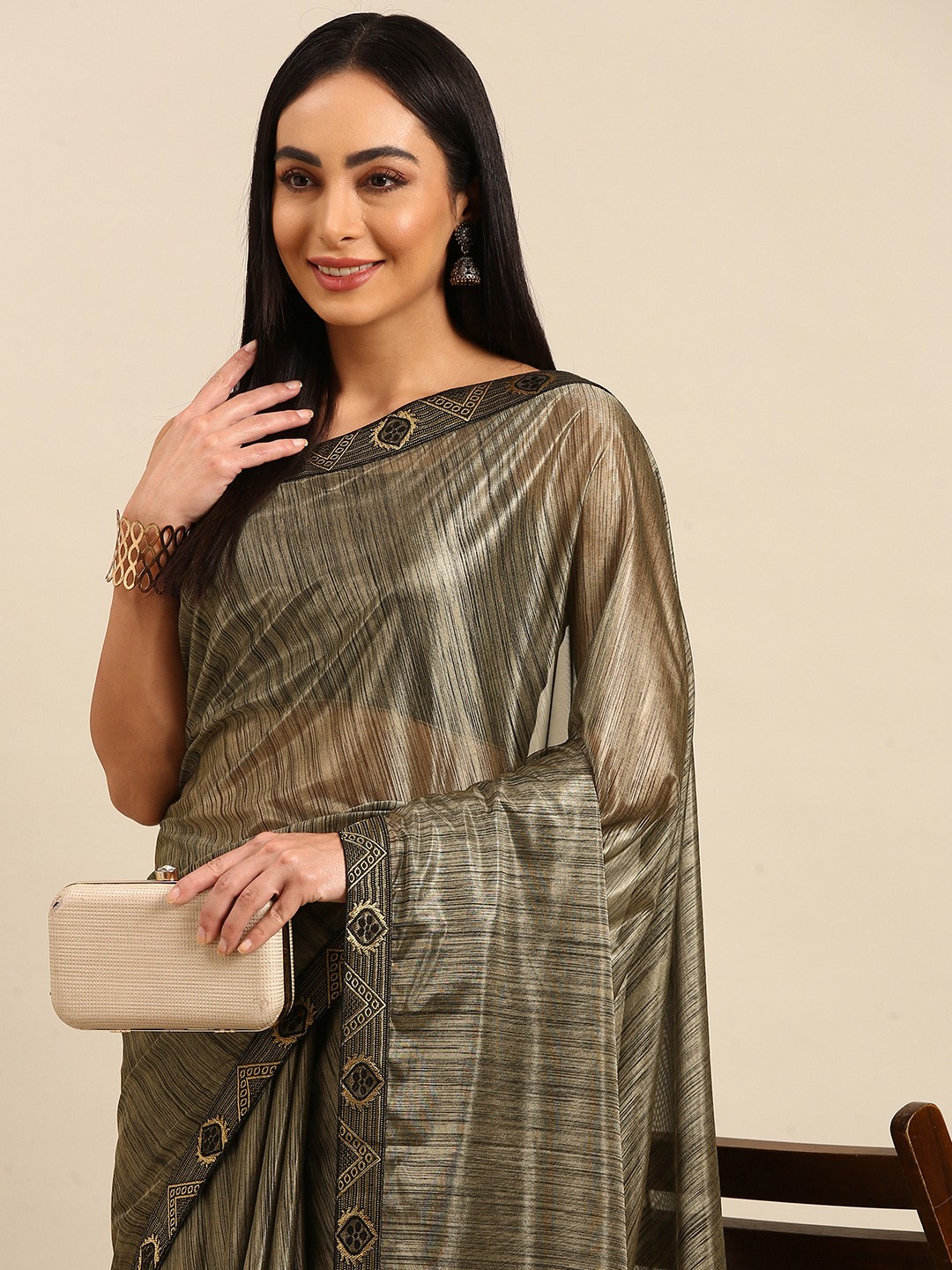 

HERE&NOW Striped Zari Saree, Grey