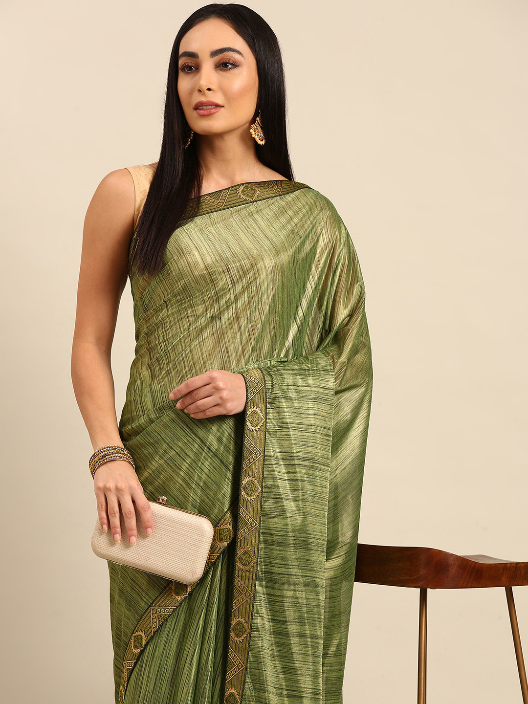 

HERE&NOW Striped Zari Saree, Green
