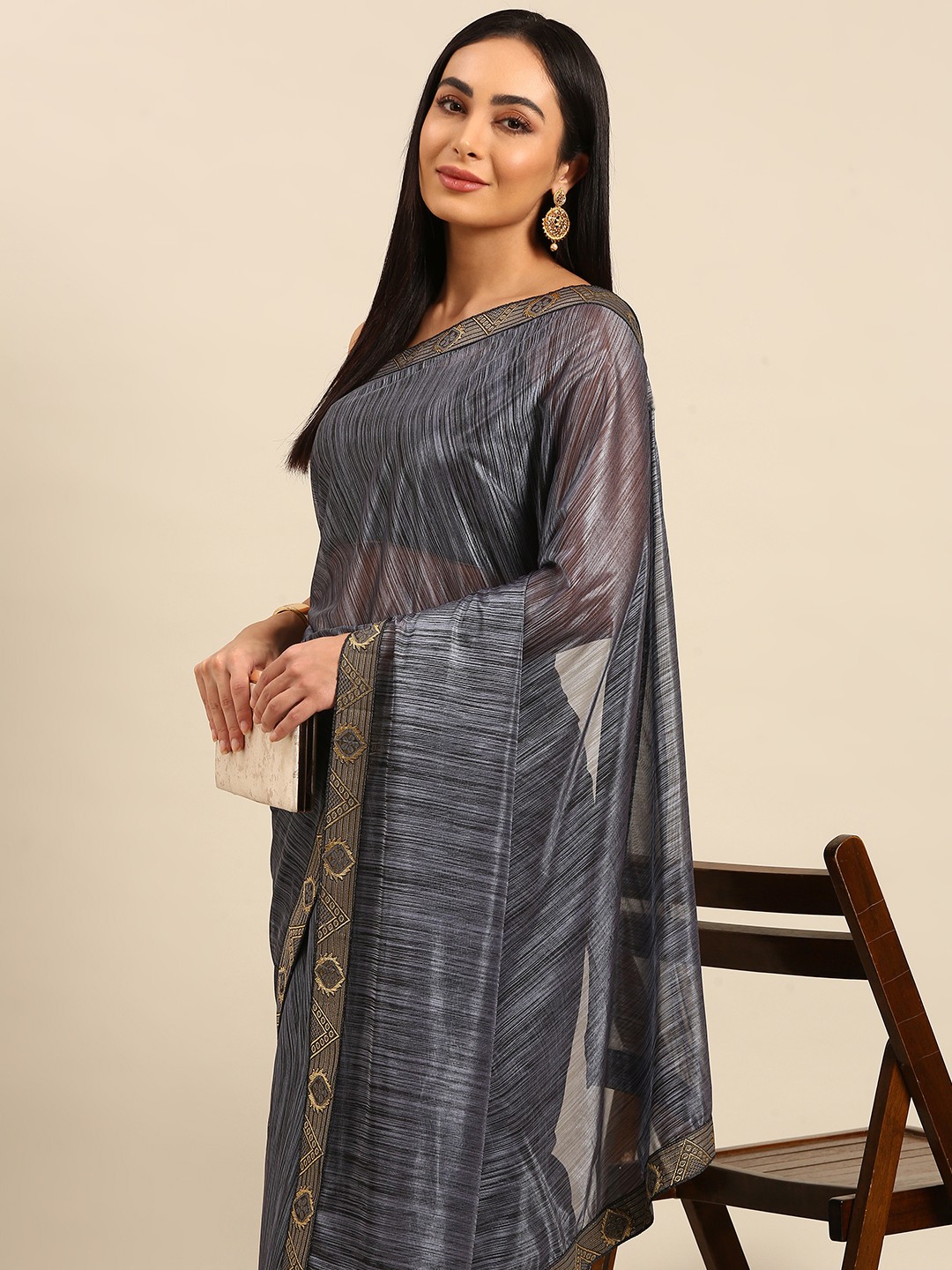 

HERE&NOW Striped Zari Saree, Grey