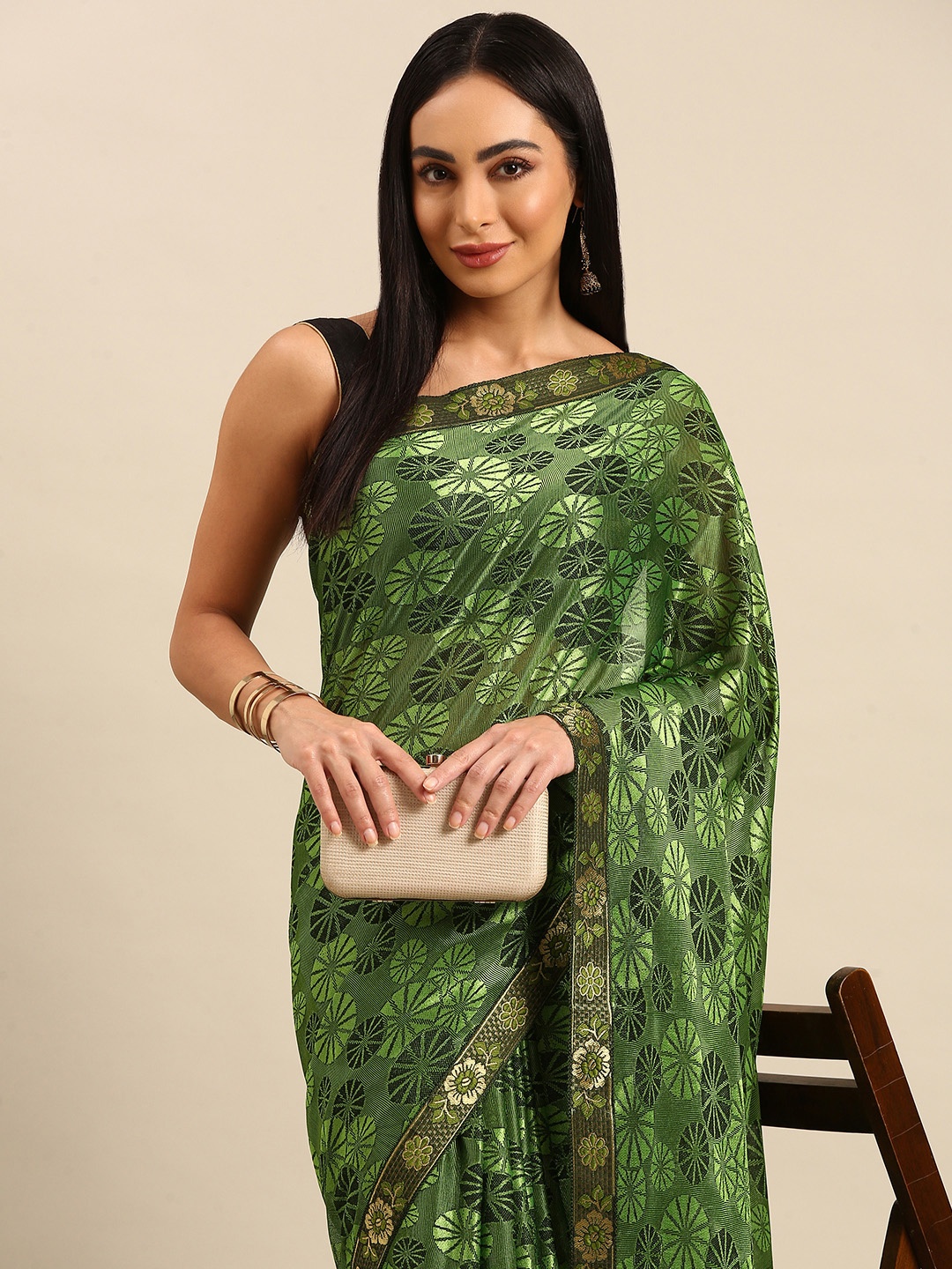 

HERE&NOW Floral Zari Saree, Green