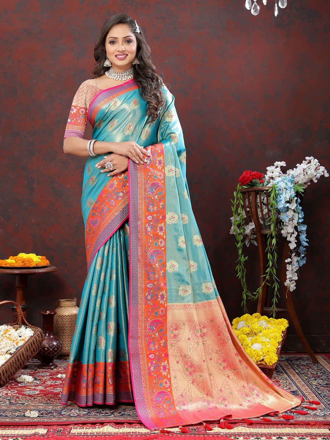 

faxofab Woven Design Zari Kanjeevaram Saree, Turquoise blue
