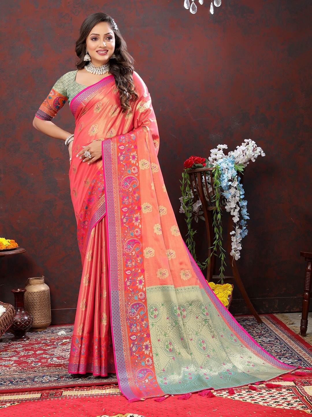 

faxofab Ethnic Motifs Woven Design Zari Kanjeevaram Saree, Pink