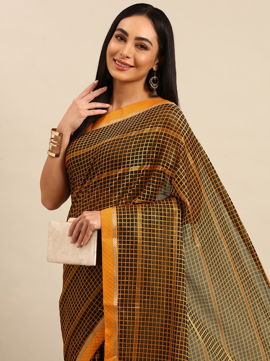 

HERE&NOW Checked Zari Saree, Yellow