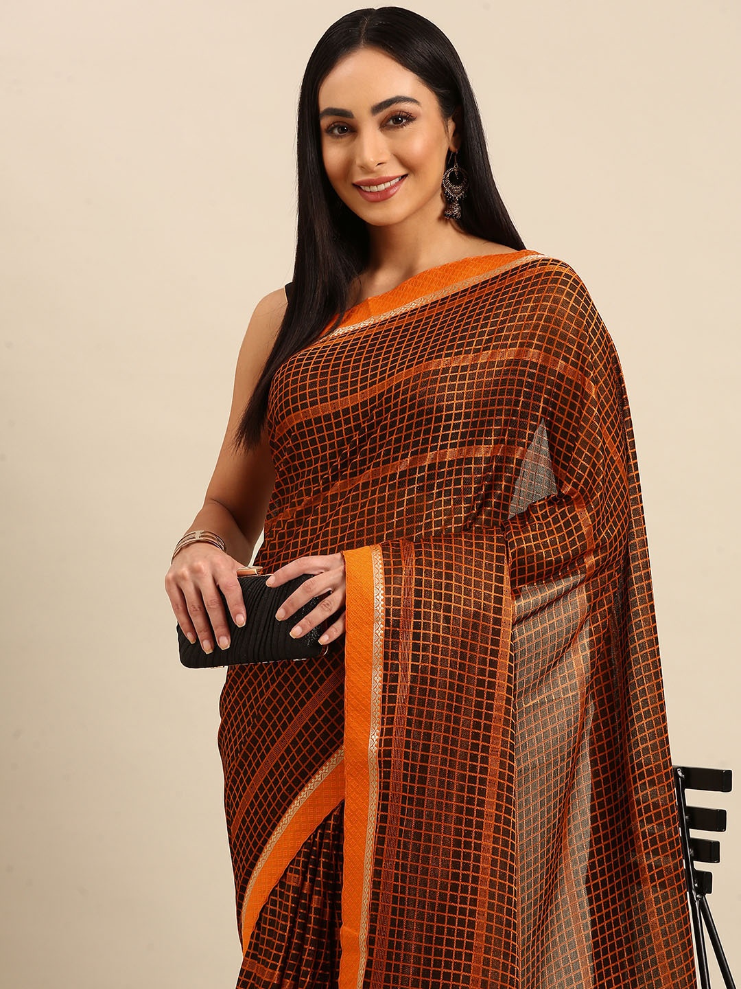 

HERE&NOW Checked Zari Saree, Orange