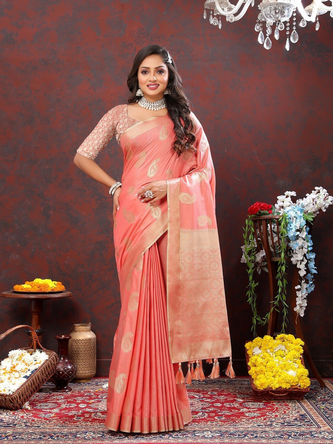 

faxofab Ethnic Motifs Woven Design Zari Banarasi Saree, Peach