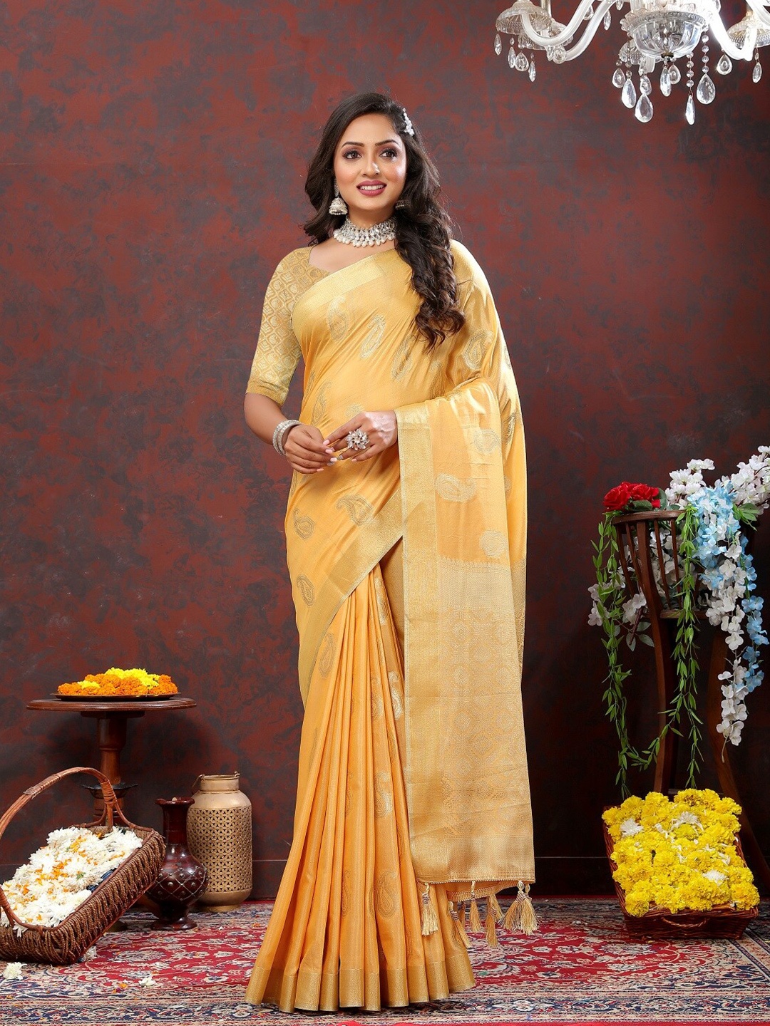 

faxofab Ethnic Motifs Woven Design Zari Banarasi Saree, Yellow