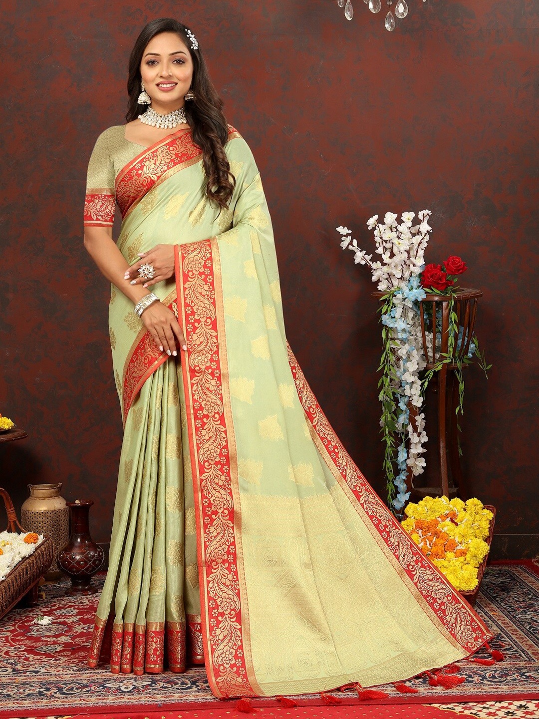 

faxofab Woven Design Zari Designer Banarasi Saree, Sea green
