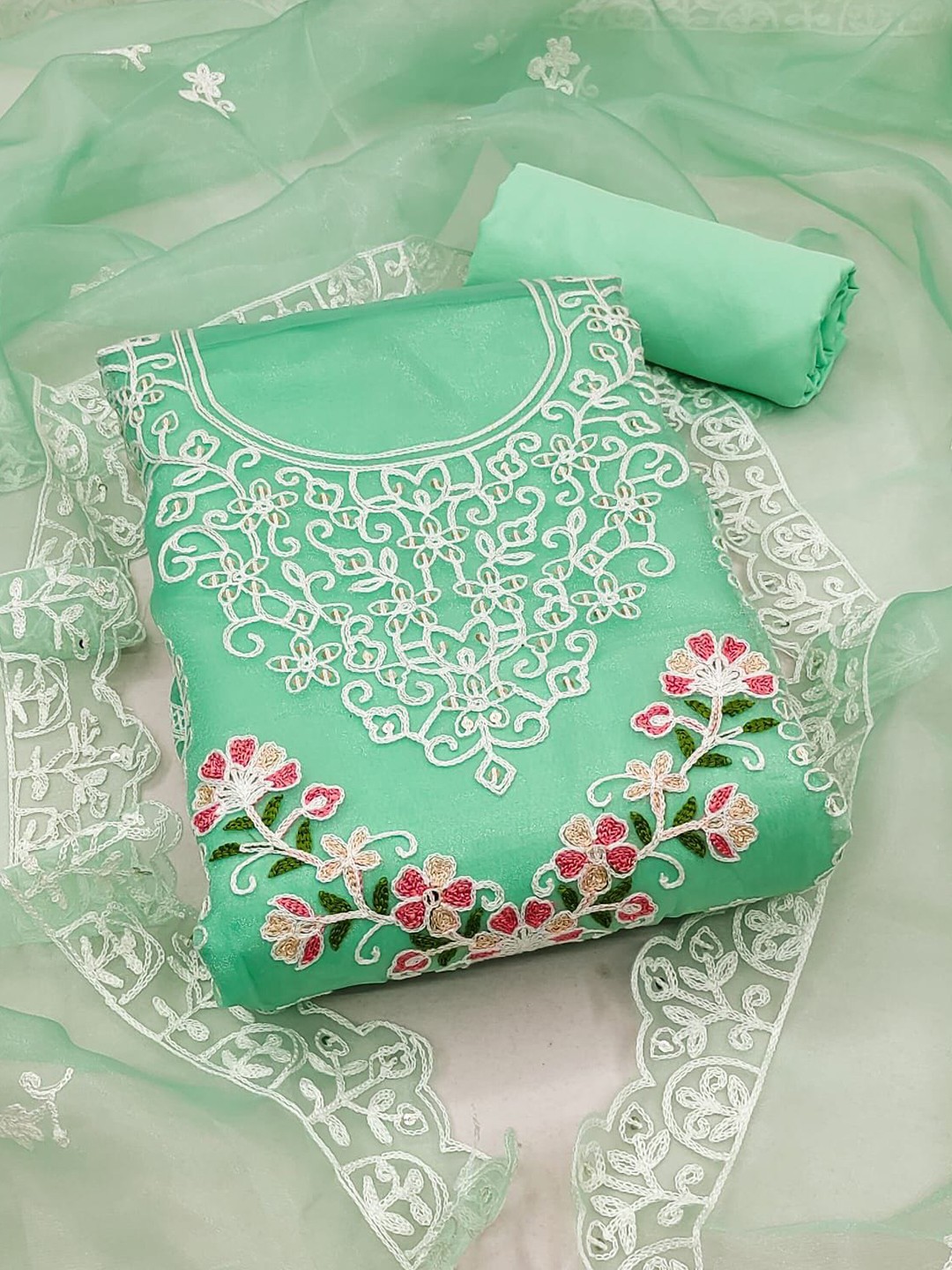 

LeeliPeeri Designer Floral Embroidered Sequinned Organza Unstitched Dress Material, Sea green