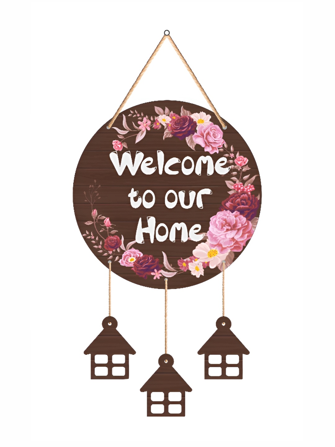 

SAF Brown & Pink Welcome Home Floral Printed Wooden Wall Hanging