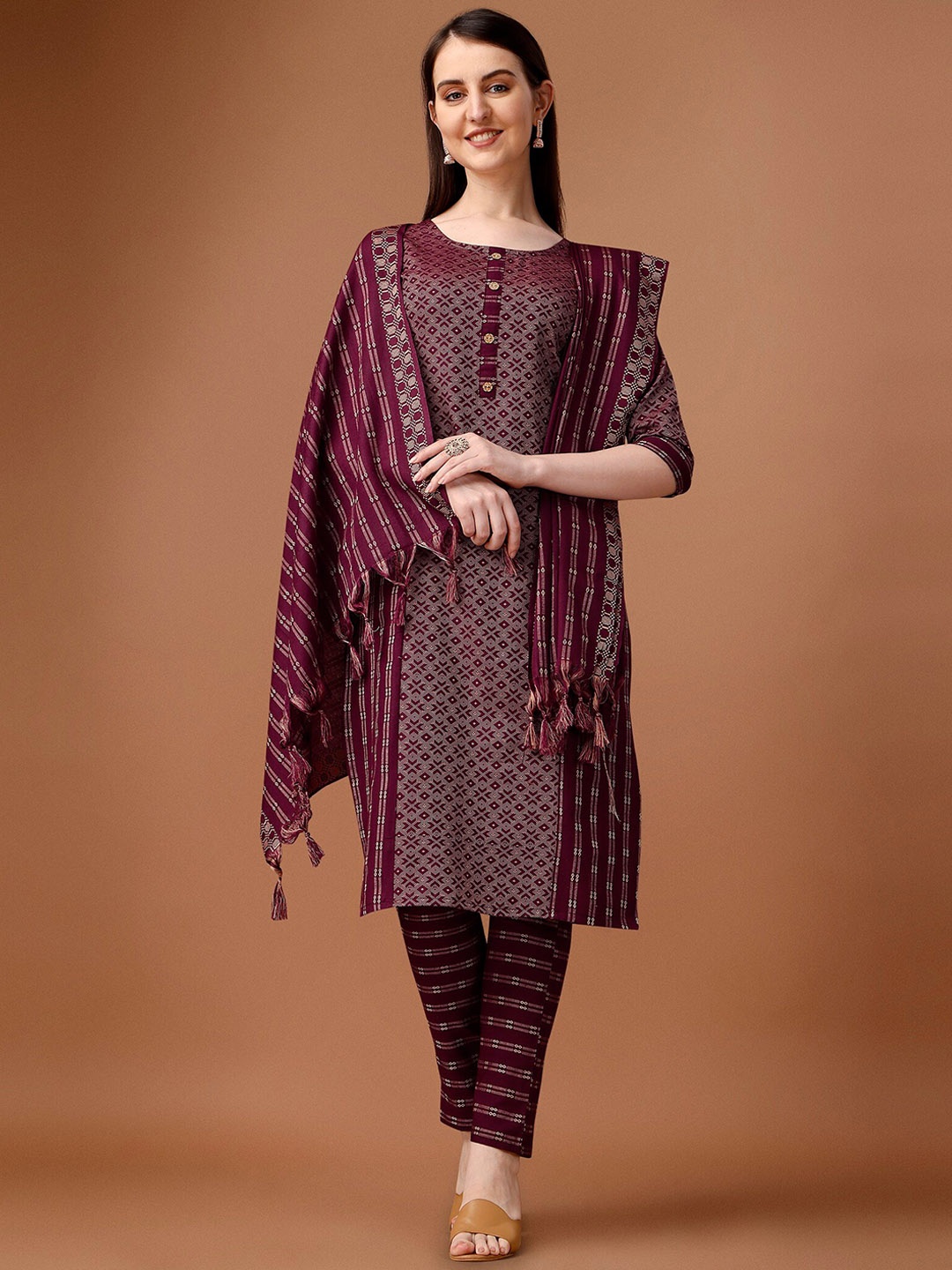 

WILNERCROWN Geometric Woven Design Pure Cotton Straight Kurta With Trousers & Dupatta, Maroon