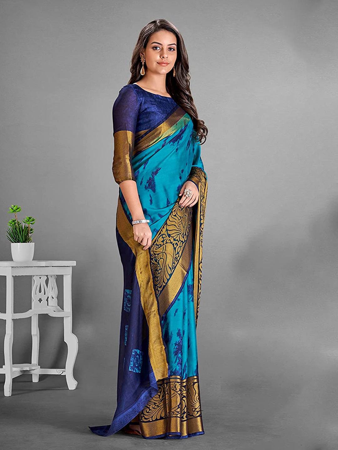 

KALINI Tie and Dyed Zari Pure Chiffon Saree, Blue