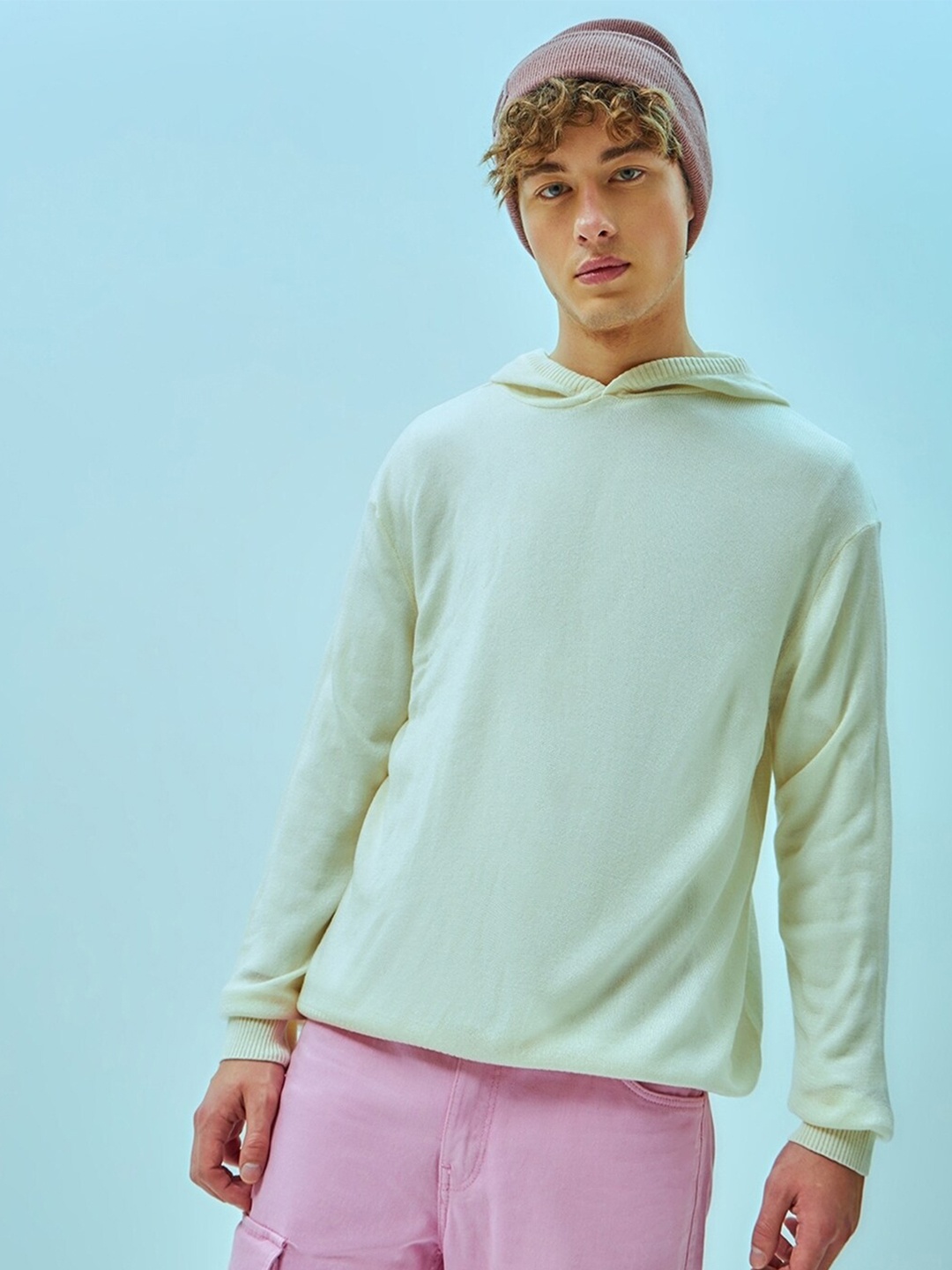 

Bewakoof Men Oversized Hooded Flatknit Sweater, Beige