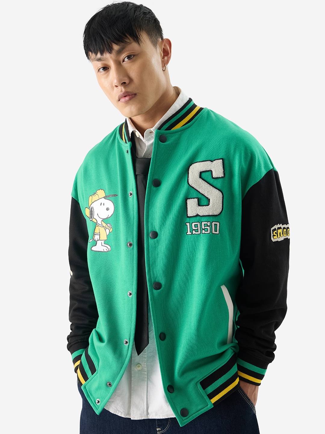 

The Souled Store Snoopy Printed Stand Collar Lightweight Pure Cotton Varsity Jacket, Green