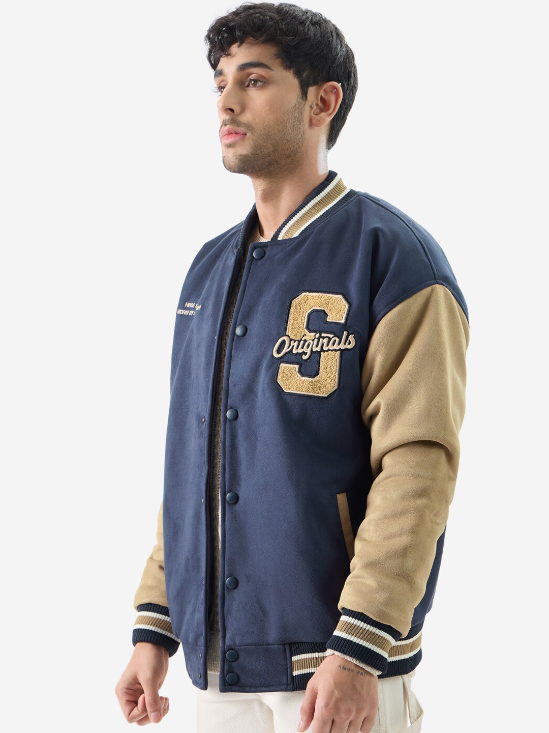 

The Souled Store Colourblocked Stand Collar Lightweight Pure Cotton Varsity Jacket, Navy blue