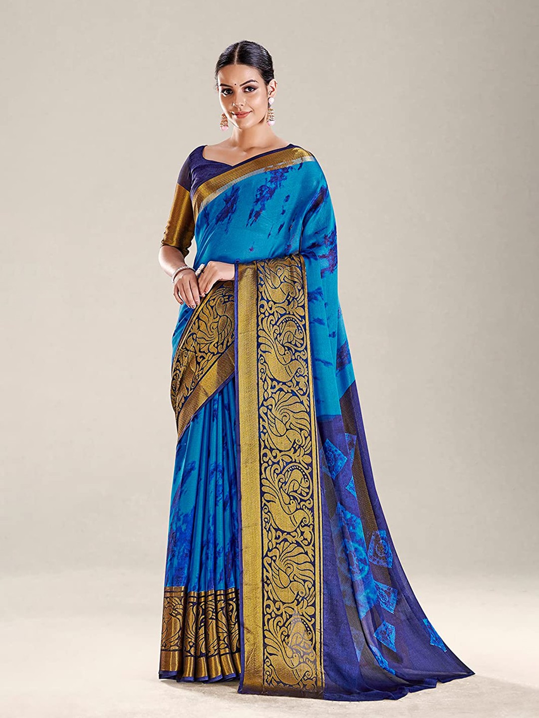 

Grubstaker Tie and Dye Printed Zari Pure Chiffon Saree, Blue
