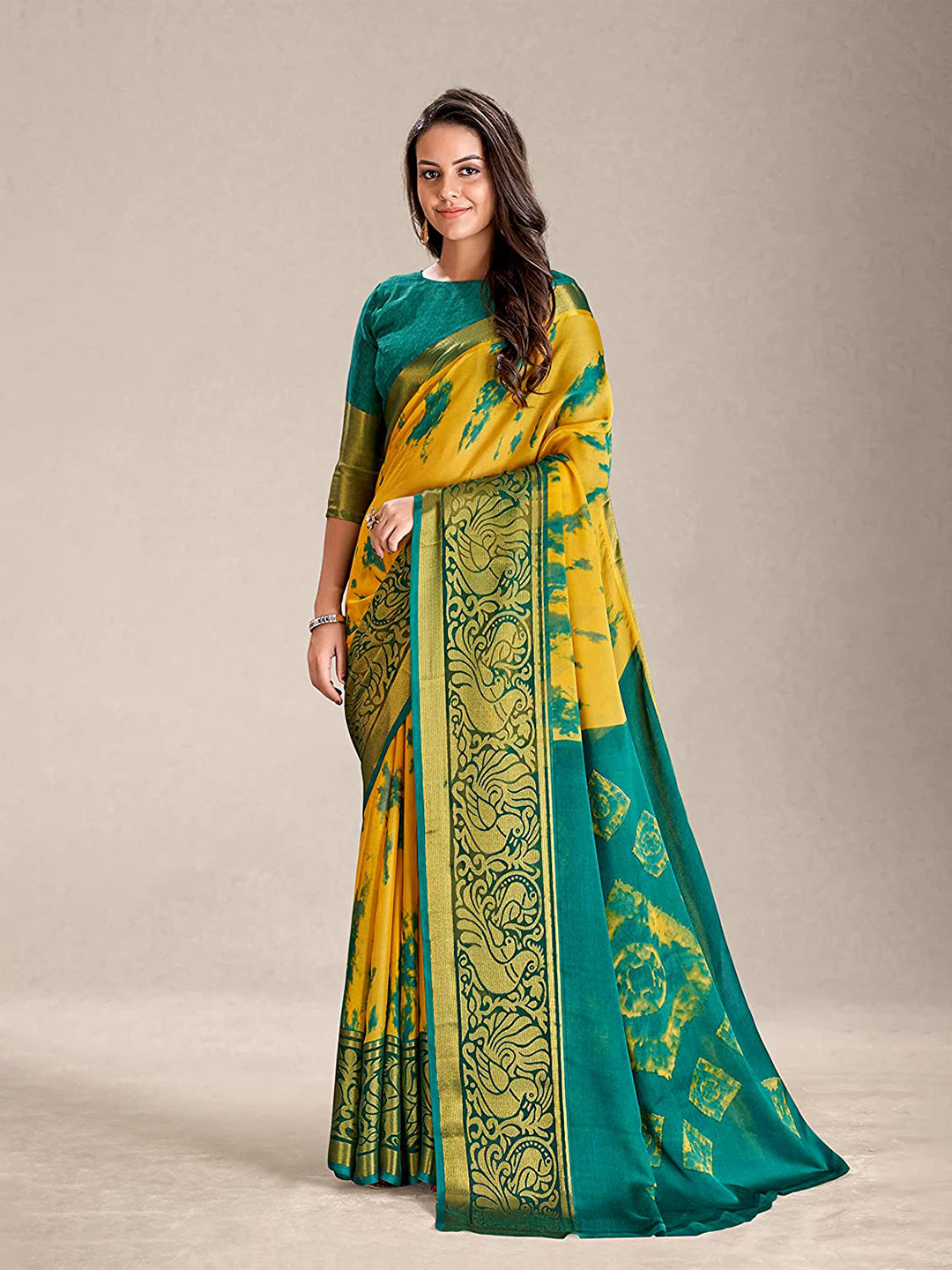 

Grubstaker Woven Design Ethnic Motifs Zari Saree, Yellow