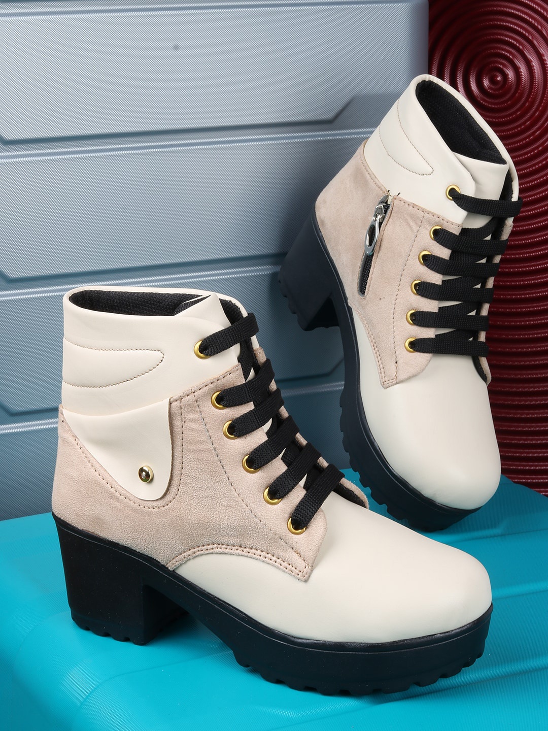 

The Roadster Lifestyle Co. Women Textured Block Heel Lace-Up Regular Boots, Cream