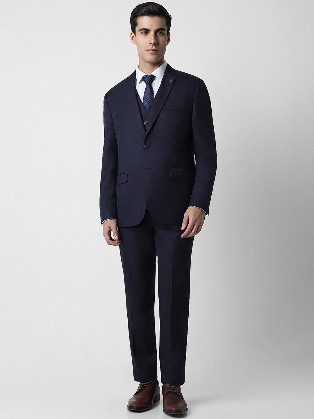 

Van Heusen Checked Slim-Fit Single-Breasted Three-Piece Formal Suit, Navy blue