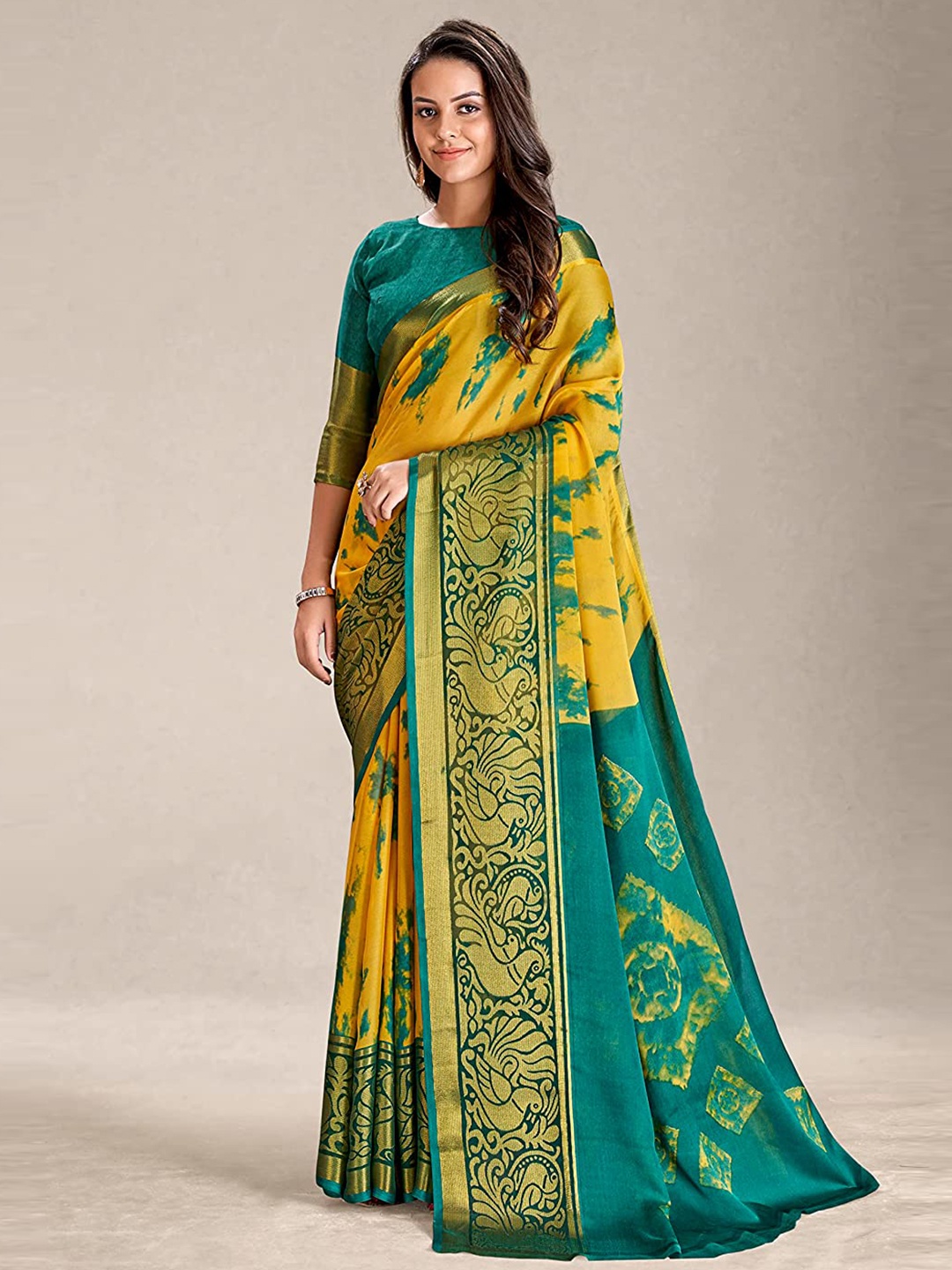 

Marabout Zari Pure Chiffon Saree, Yellow