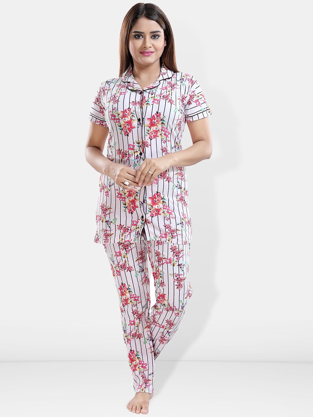 

Be You Floral Printed Lapel Collar Night Suit, White