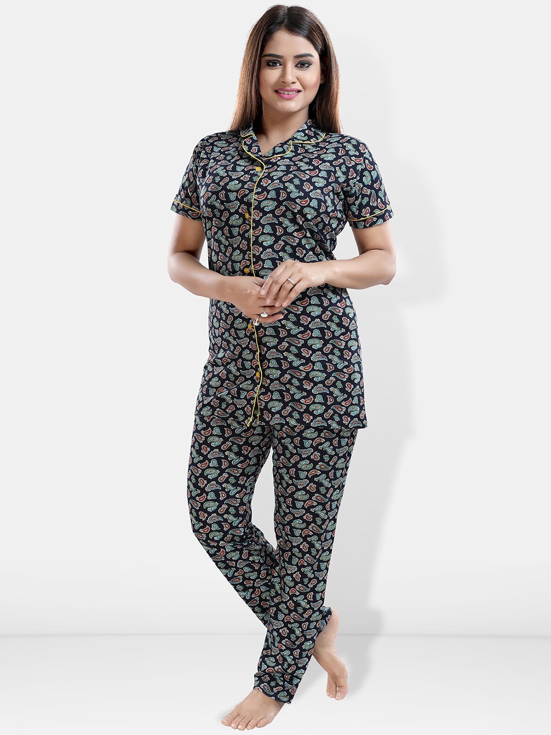 

Be You Ethnic Motifs Printed Shirt With Pyjamas, Black