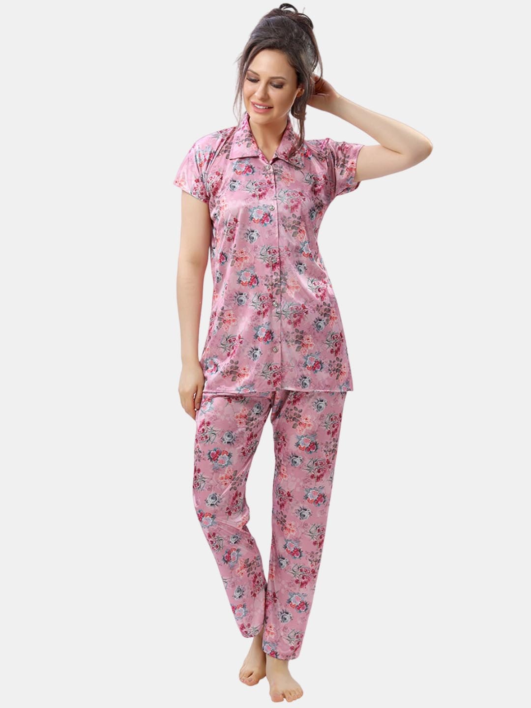 

Be You Floral Printed Satin Night Suit, Pink