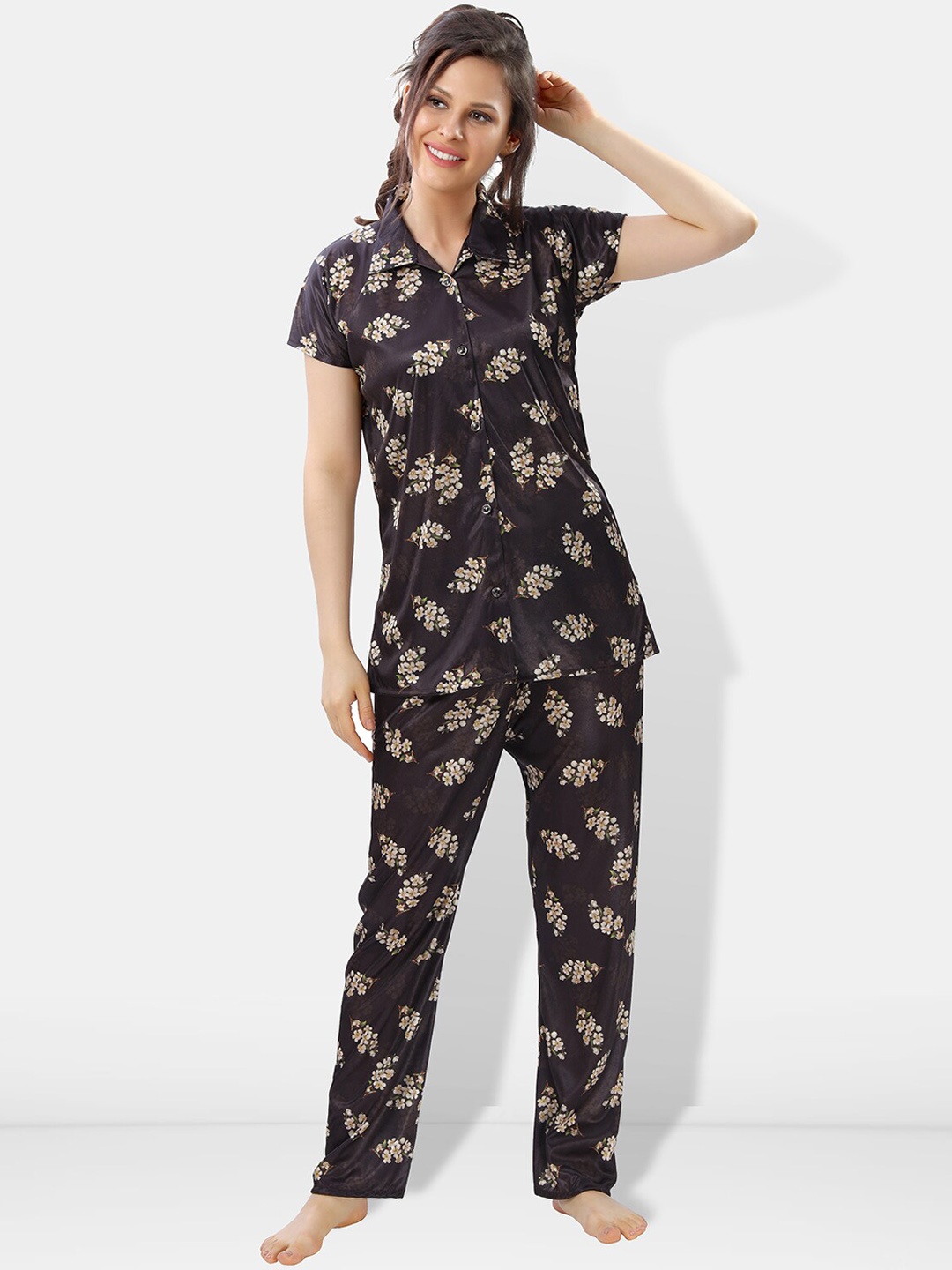 

Be You Printed Satin Shirt & Pyjama, Black