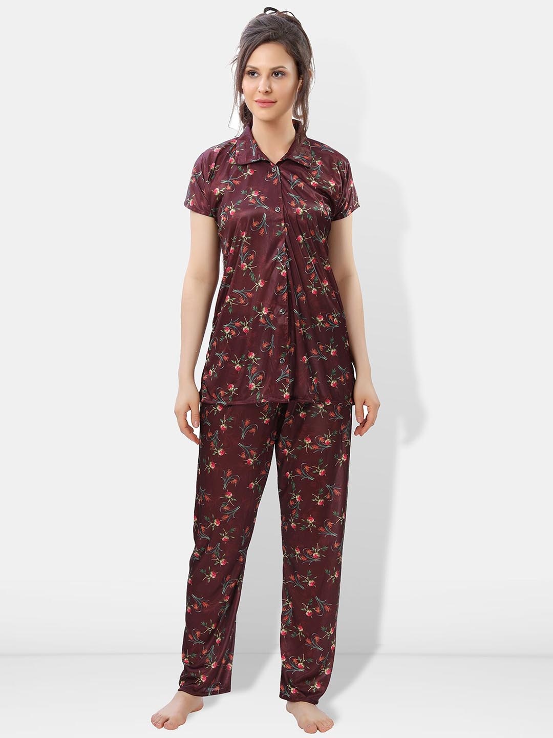 

Be You Printed Satin Shirt & Pyjama Night suit, Brown