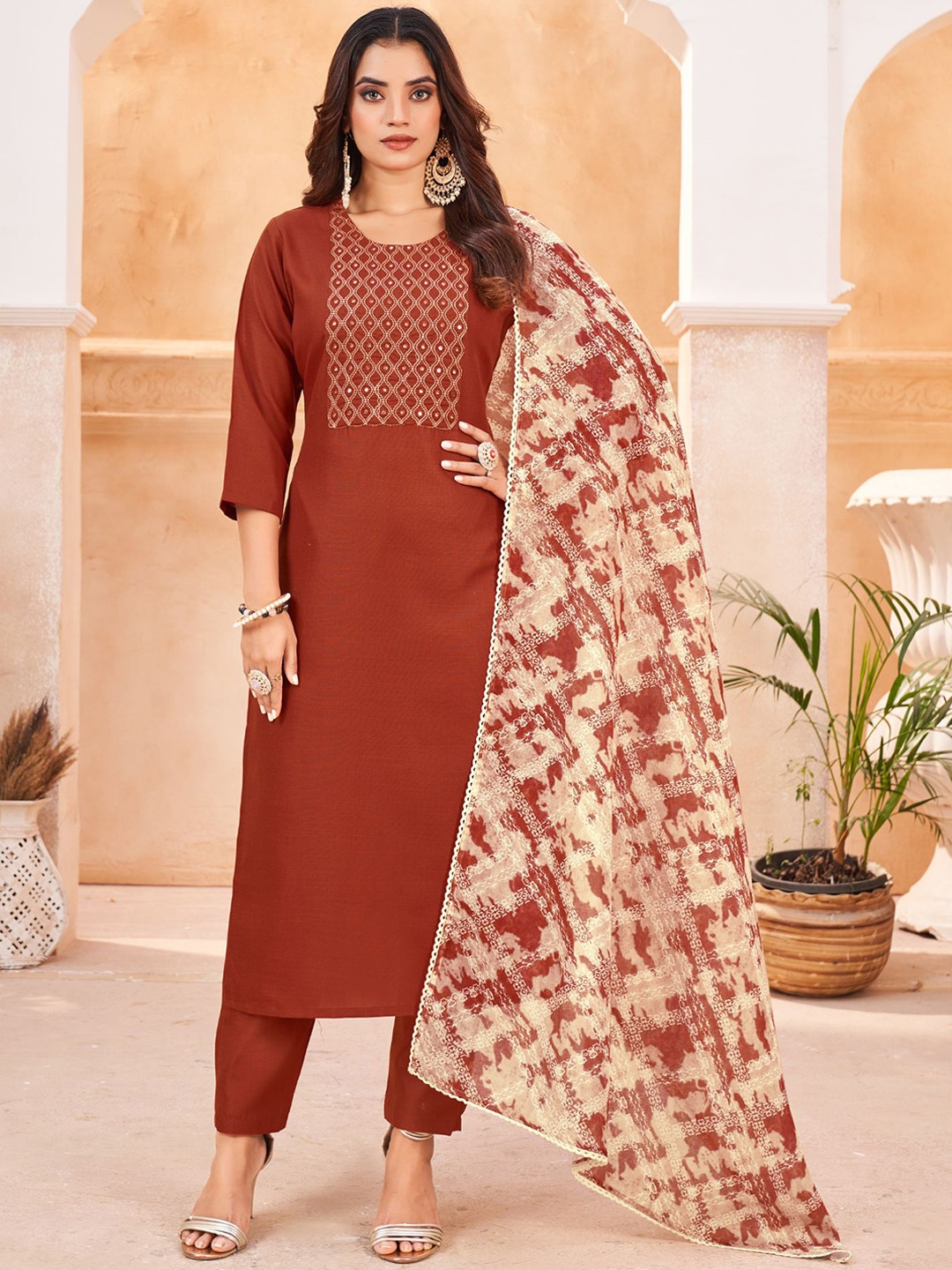 

KALINI Yoke Design Mirror Work Kurta With Trousers & Dupatta, Rust