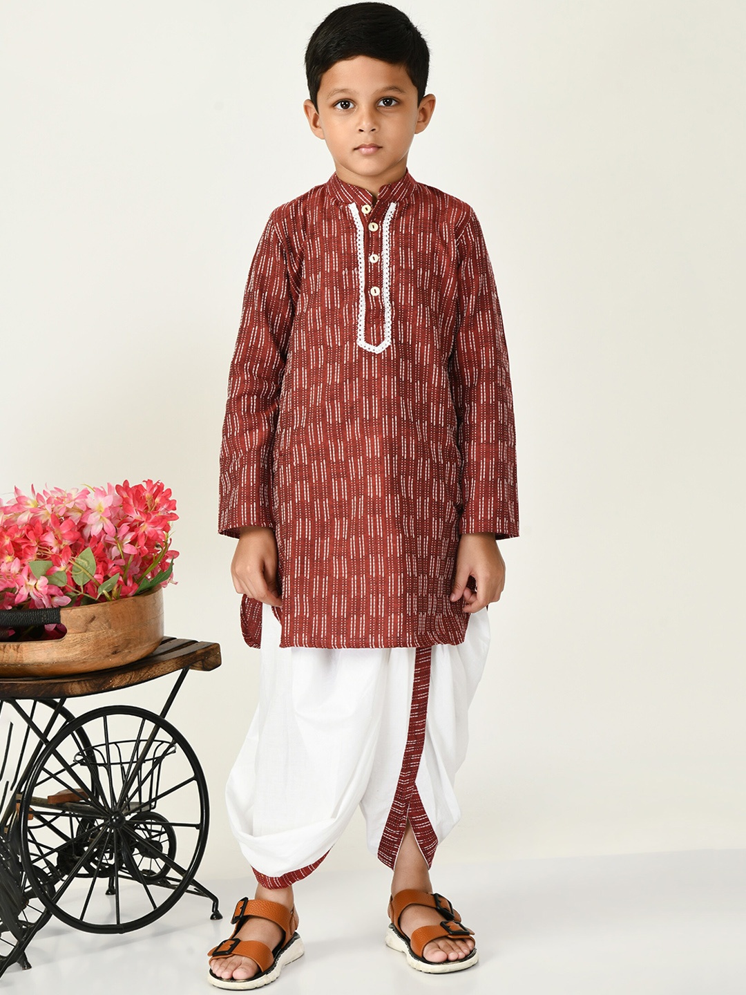 

BAESD Boys Striped Embroidered Pure Cotton Kurta With Dhoti Pant, Brown