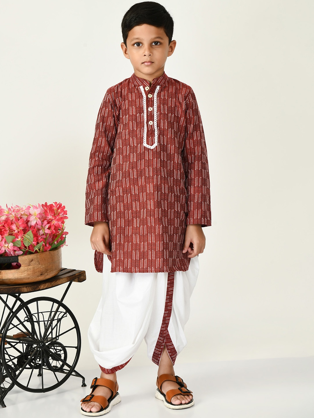 

BAESD Boys Striped Embroidered Pure Cotton Kurta With Dhoti Pant, Brown