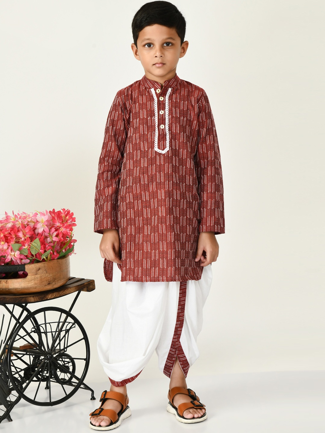 

BAESD Boys Striped Embroidered Pure Cotton Kurta With Dhoti Pant, Brown