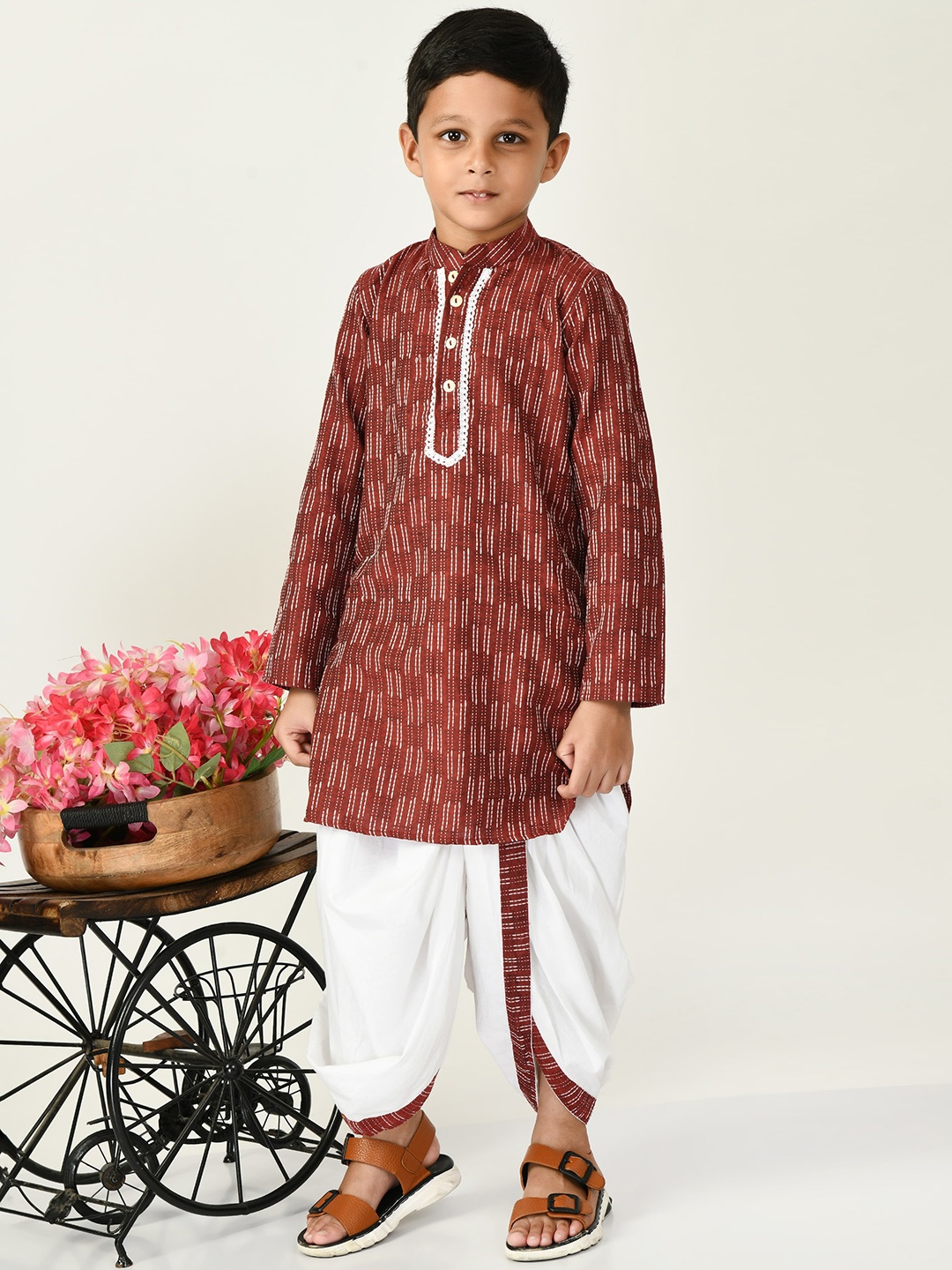 

BAESD Boys Striped Embroidered Pure Cotton Kurta With Dhoti Pant, Brown