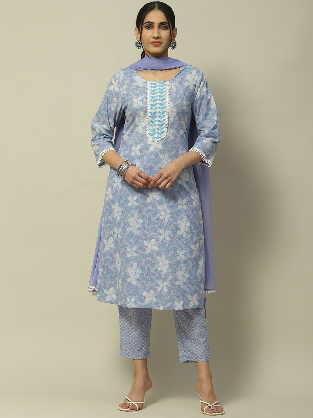 

Rangriti Round Neck Floral Printed Gotta Patti Pure Cotton Kurta with Trousers & Dupatta, Lavender