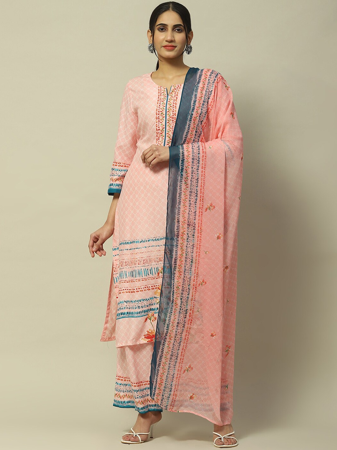 

Rangriti Notch Neck Geometric Printed Straight Kurta with Palazzos & Dupatta, Pink