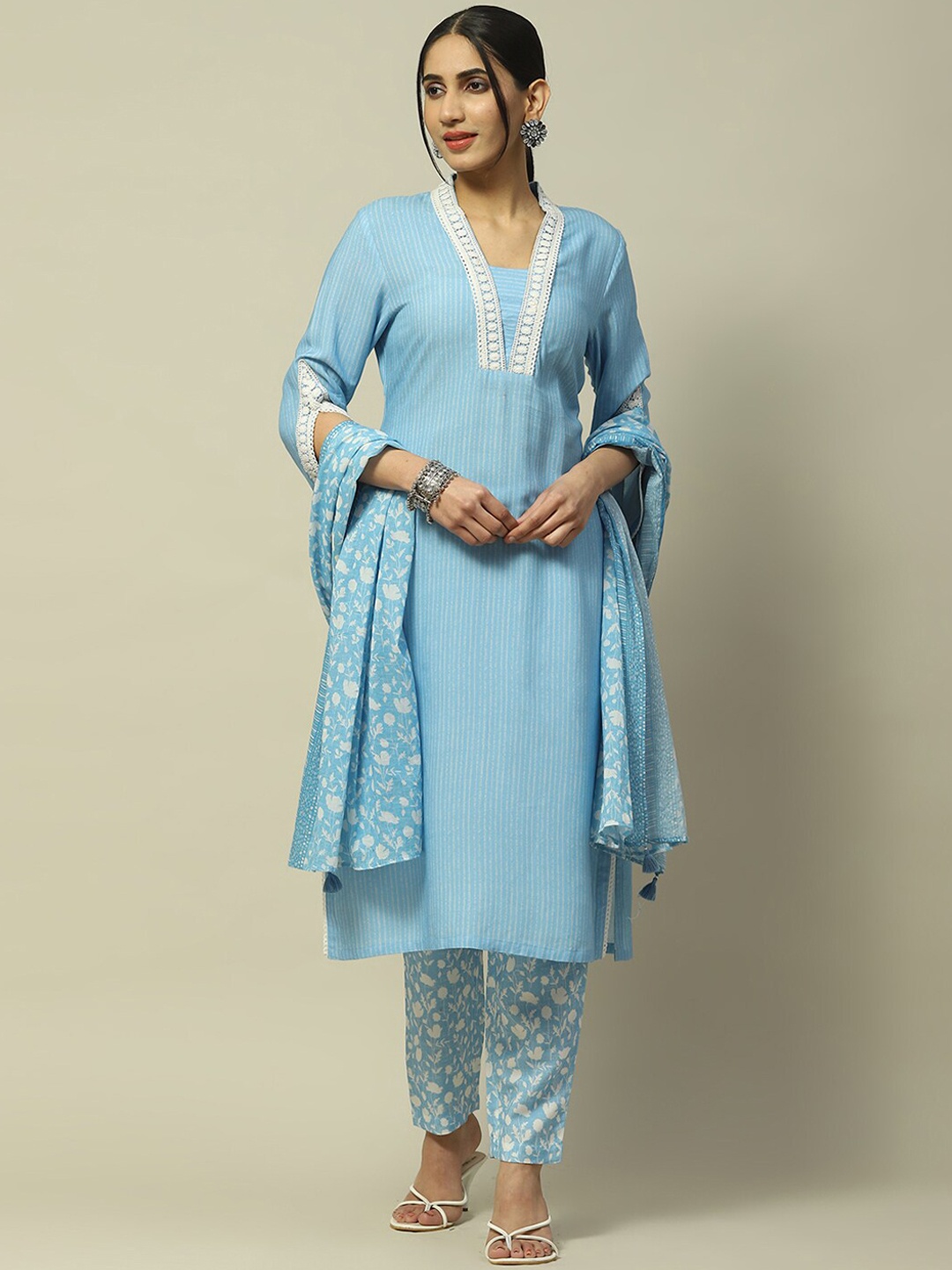 

Rangriti Striped V-Neck Flared Sleeves Gotta Patti Straight Kurta With Trouser & Dupatta, Blue