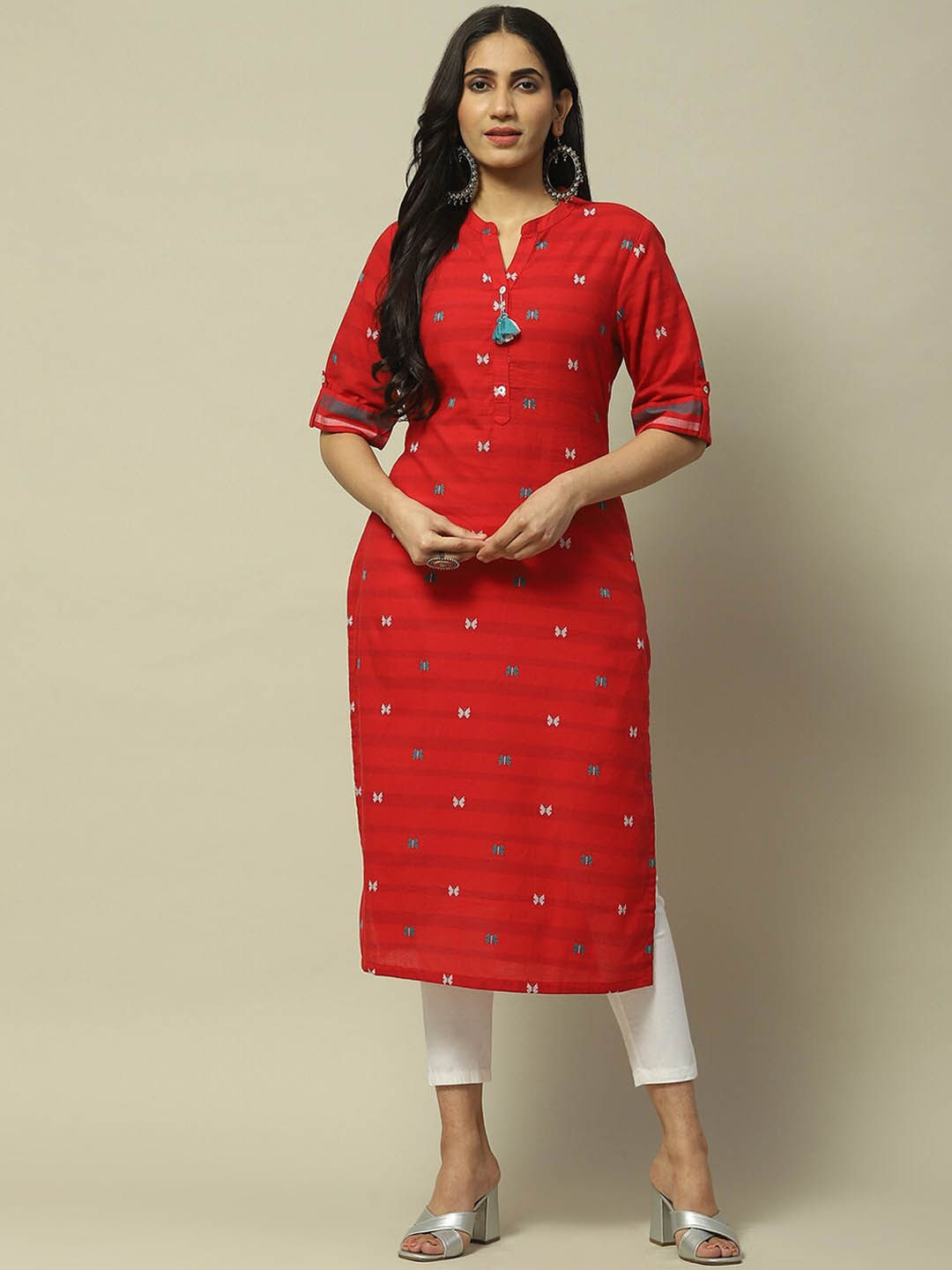 

Rangriti Ethnic Motifs Embroidered Roll-Up Sleeves Mandarin Collar Cotton Kurta, Red