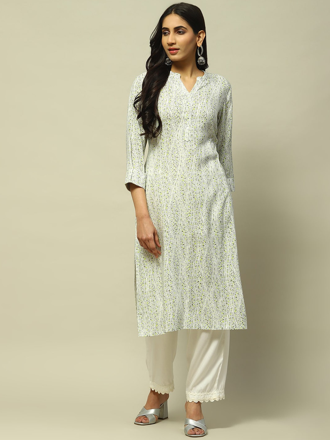 

Rangriti Abstract Printed Roll-Up Sleeves Mandarin Collar Kurta, Off white