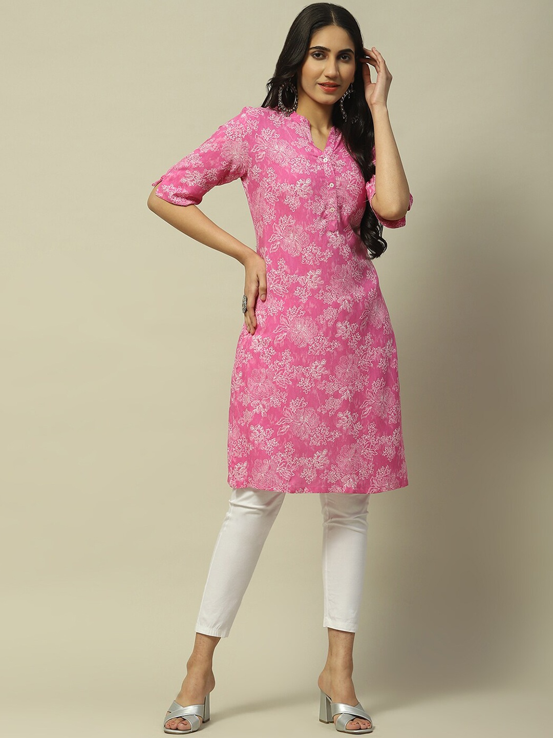 

Rangriti Floral Printed Mandarin Collar Cotton Kurta, Pink