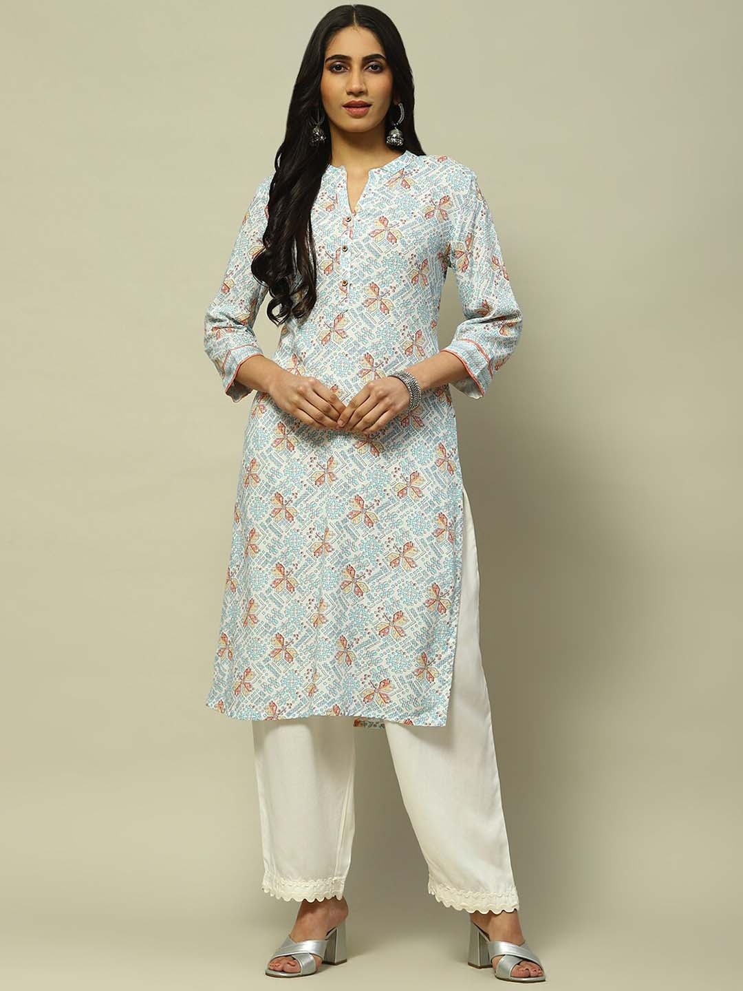 

Rangriti Ethnic Motifs Printed Mandarin Collar Regular Straight Kurta, White